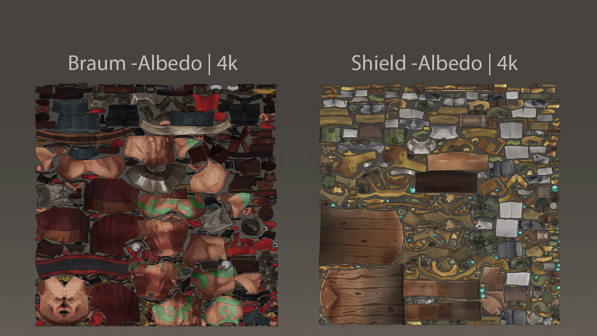Braum and shield 4K albedo texture flats, hand-painted with baked lighting