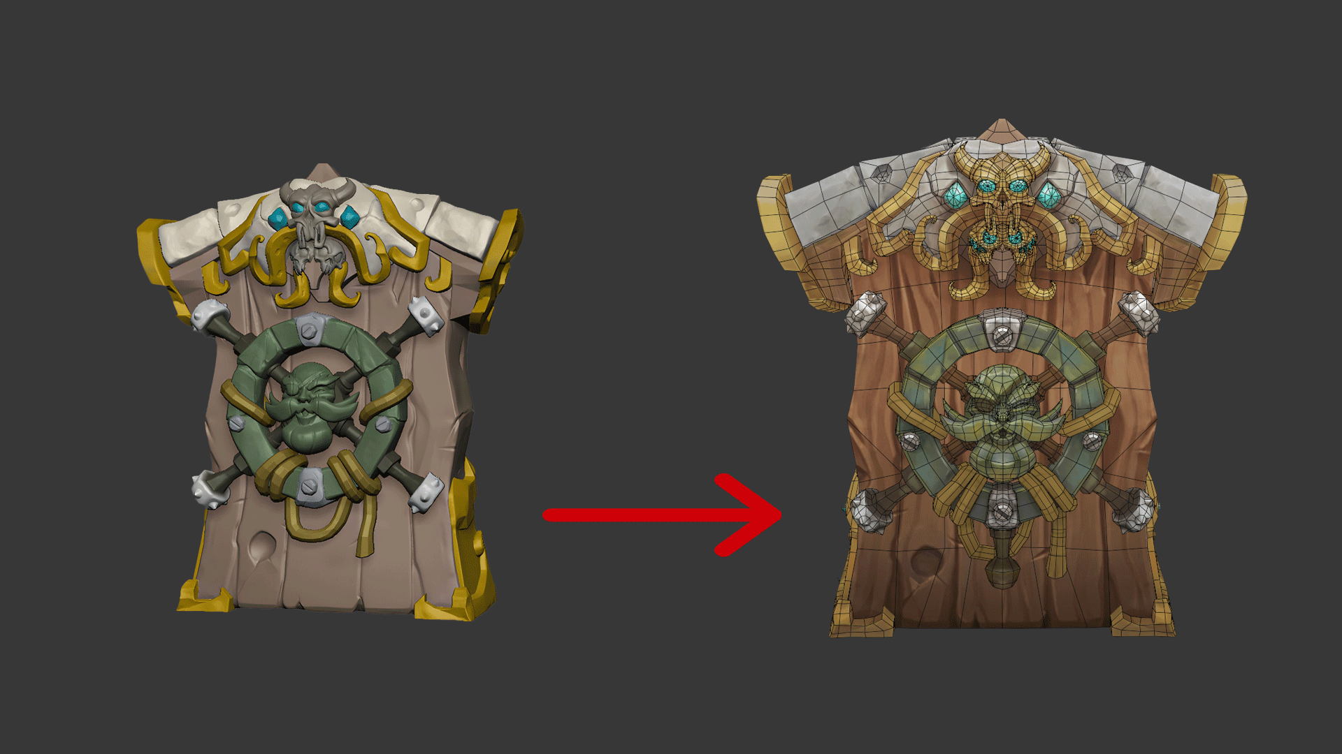 Shield breakdown: high-poly ZBrush sculpt beside the textured game mesh with wireframe