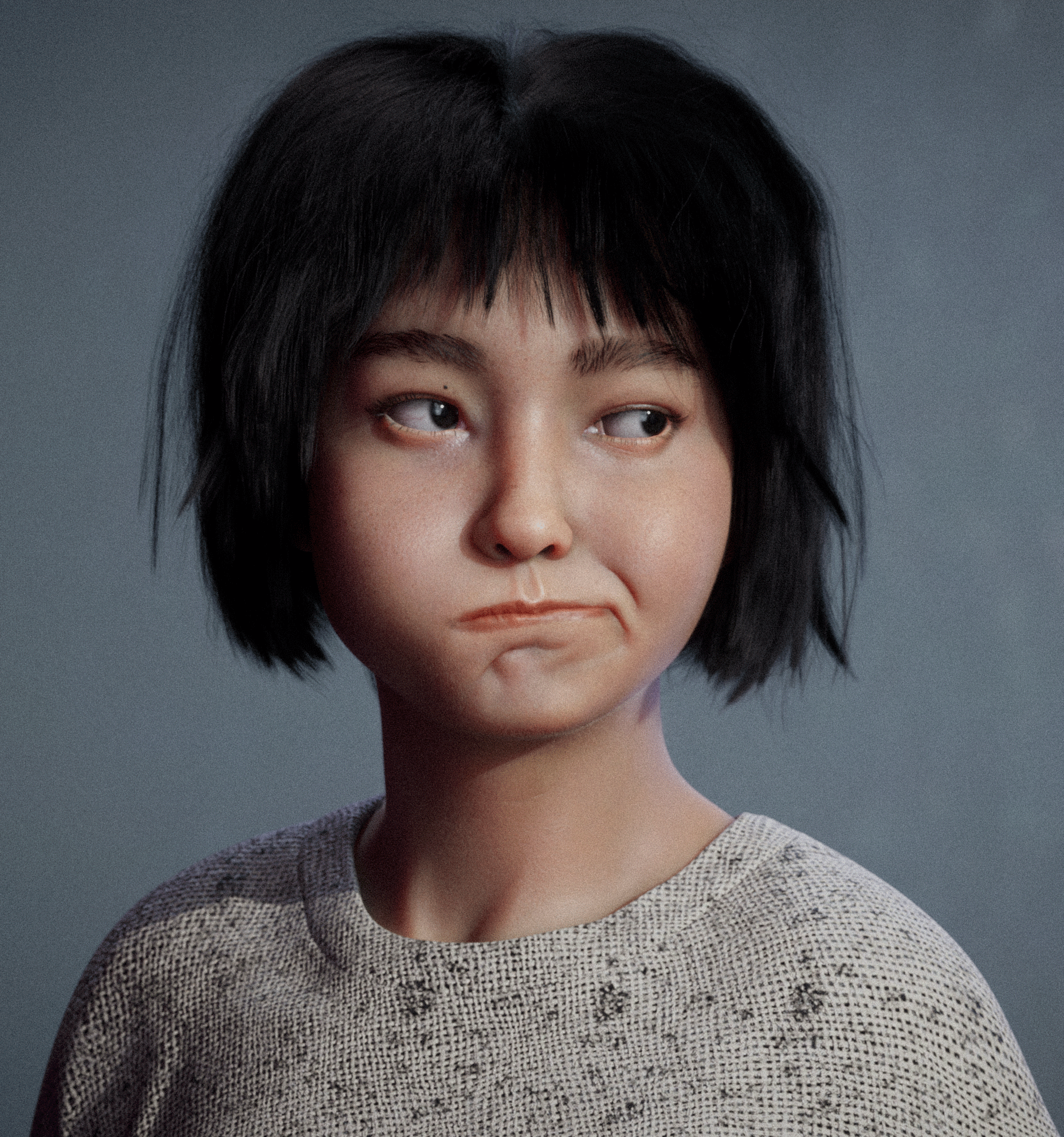 Dina three-quarter portrait, realistic skin with freckles and groomed black hair