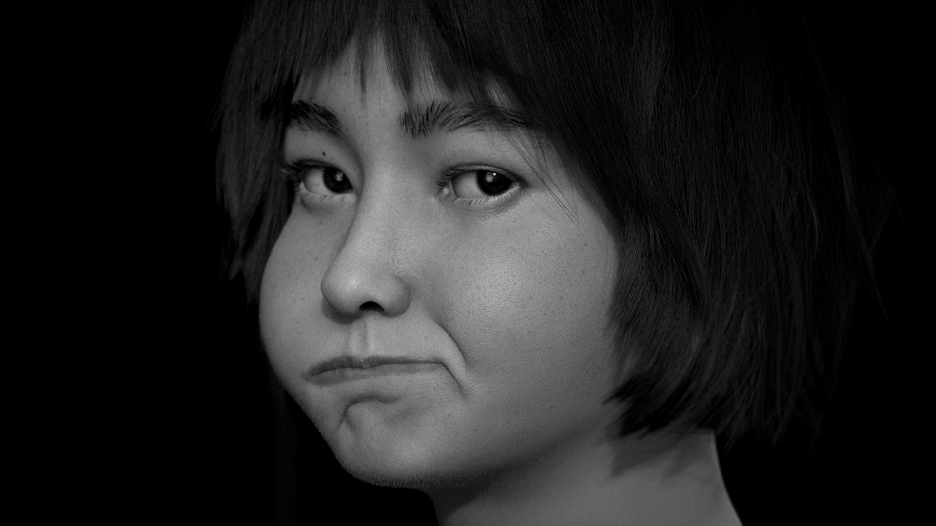 Dina, realistic character bust, black and white close-up study of skin and hair
