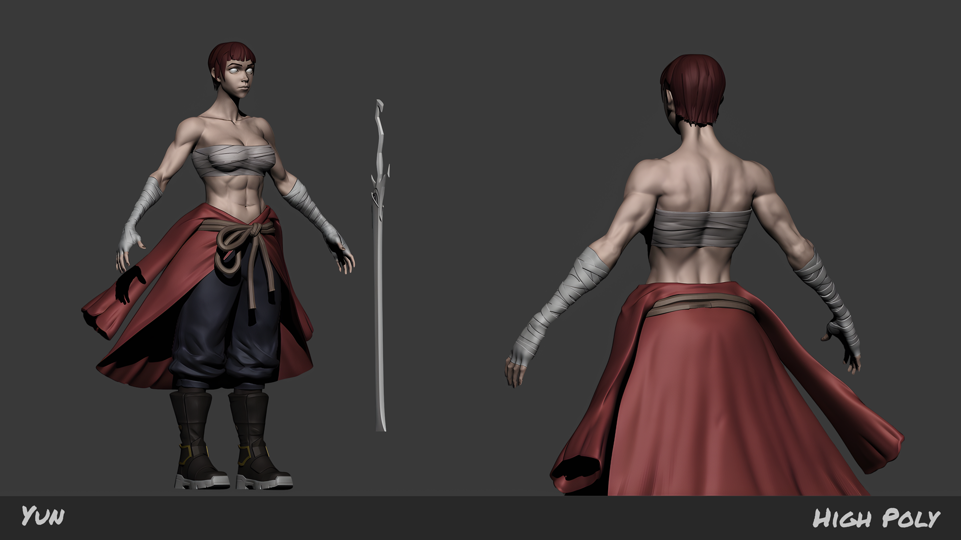 Yun high-poly ZBrush sculpt, front and back views with sword blockout